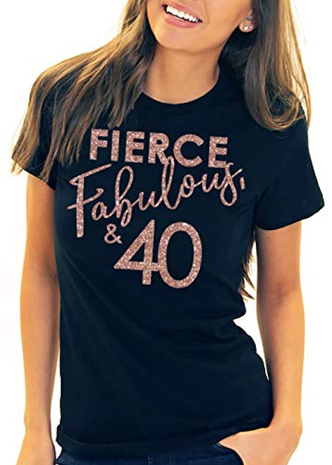 40th Birthday Tee Shirts for Women - Rose Gold Glam Fierce Fabulous  and  40 T-Shirt - 40th Birthday Tops - Large - Black Tee-GlmFF40 RG- Blk/Lrg