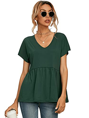 Milumia Women's Casual V Neck Ruffle Hem Short Sleeve Solid Blouse Peplum Top Dark Green Medium