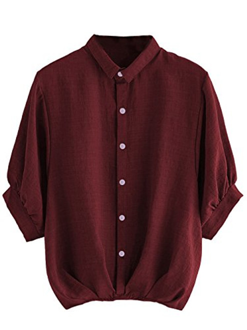 Milumia Women's Collar Lantern Short Sleeve Pleated Hem Button Down Work Blouse Shirt Top Burgundy X-Large