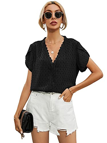 SheIn Women's Petal Short Sleeve V Neck Lace Trim Solid Blouse Shirt Tops Black M