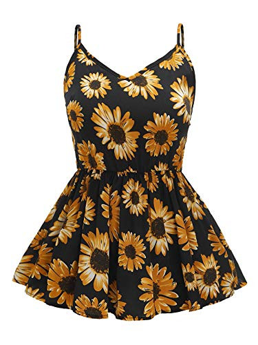 SheIn Women's Plus Floral Print Ruffle Hem Cami Top Sleeveless V Neck Camisole Black Sunflower X-Large Plus