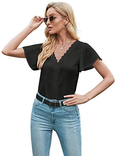 SheIn Women's Lace Trim Ruffle Short Sleeve Blouse Shirt V Neck Elegant Work Top Black Small