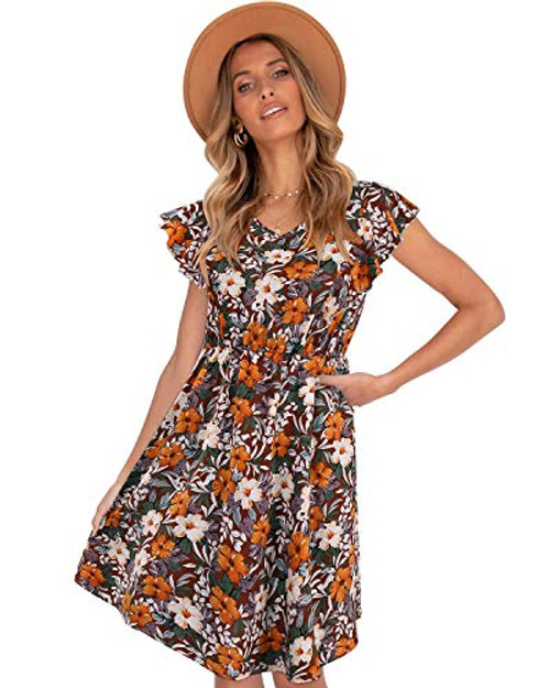 SOLERSUN V Neck Dresses for Women Summer,Women's Casual Summer V Neck Ruffle Sleeve Floral Flowy Swing Beach Party Mini Dress Brown-Floral S