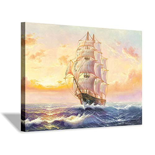 Hardy Gallery Nautical Artwork Sailboat Picture Print: Coastal Race Gold Foil Art Painting on Canvas for Wall