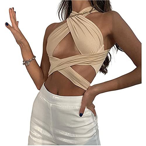 RARITYUS Women's Sexy Halter Criss Cross Crop Top Self Tie Tank Top Cut Out for Party Rave Cami Clubwear Khaki RARITYUS Women's Sexy Halter Criss Cross Crop Top Self Tie Tank Top Cut Out for Party Rave Cami Clubwear Khaki