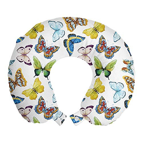 Ambesonne Butterfly Travel Pillow Neck Rest, Colorful Watercolor Animals with Numerous Different Designs and Elements, Memory Foam Traveling Accessory for Airplane and Car, 12", Yellow Blue