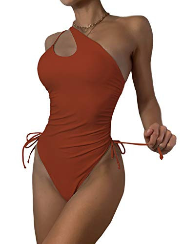SweatyRocks Women's One Piece Cutout One Shoulder Swimsuit Sexy Bathing Suits Brown L