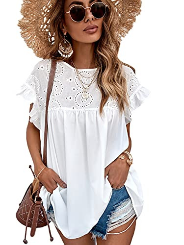 SweatyRocks Women's Casual Round Neck Ruffle Short Sleeve Blouse Shirt Top White M