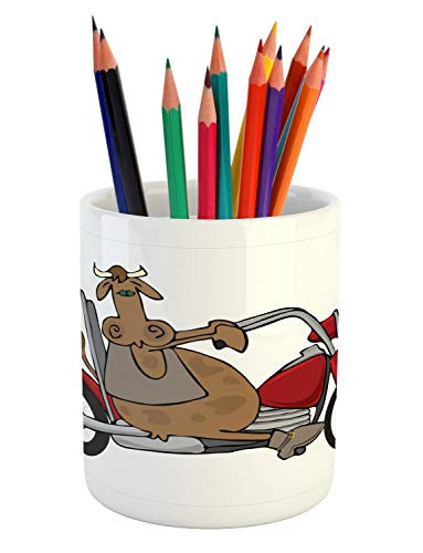 Ambesonne Motorcycle Pencil Pen Holder, Pattern of Cartoon Style Cow Riding a 2 Wheel Chopper on Plain Background, Ceramic Pencil Holder for Desk Office Accessory, 3.6" X 3.2", Multicolor