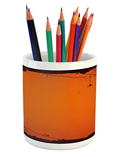 Ambesonne Spider Web Pencil Pen Holder, Grunge Halloween Composition Scary Framework with Insects Abstract Cobweb, Printed Ceramic Pencil Pen Holder for Desk Office Accessory, Orange Brown