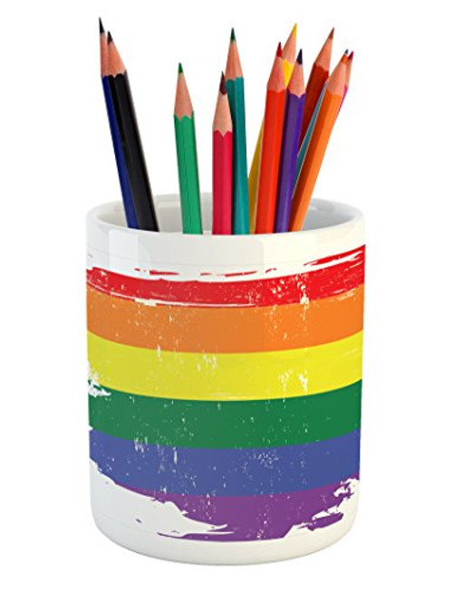 Ambesonne Vintage Rainbow Pencil Pen Holder, Colorful Grunge LGBT Flag Design Worn Out Stripes of Paint Gay Culture, Ceramic Pencil Pen Holder for Desk Office Accessory, 3.6" X 3.2", Orange Green