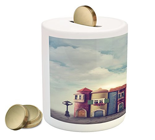Ambesonne Fantasy Piggy Bank, City with Old Books Style Buildings Birds and Cloudy Sky Literature Cityscape, Printed Ceramic Coin Bank Money Box for Cash Saving, Red and Blue Ambesonne Fantasy Piggy Bank, City with Old Books Style Buildings Birds and Cloudy Sky Literature Cityscape, Printed Ceramic Coin Bank Money Box for Cash Saving, Red and Blue