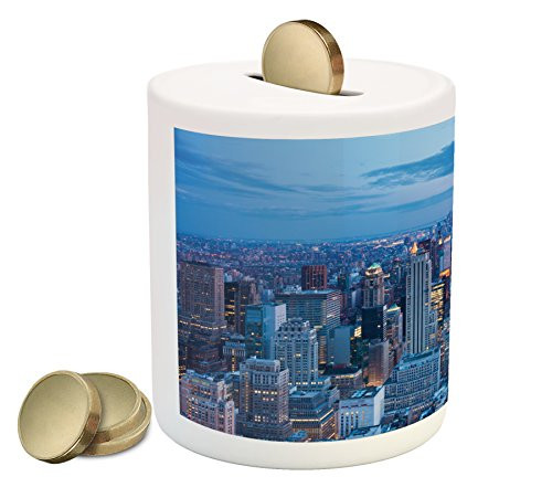 Ambesonne New York Piggy Bank, Aerial Night View of NYC with Dusk Sky Cloudy Sunset in City Fashion Capital Art Photo, Printed Ceramic Coin Bank Money Box for Cash Saving, Blue Ambesonne New York Piggy Bank, Aerial Night View of NYC with Dusk Sky Cloudy Sunset in City Fashion Capital Art Photo, Printed Ceramic Coin Bank Money Box for Cash Saving, Blue