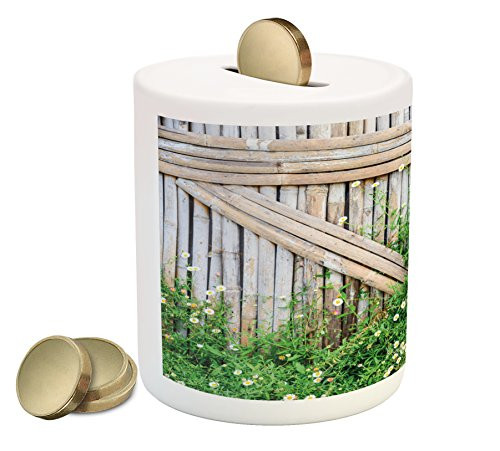 Ambesonne Farmland Piggy Bank, Bamboo Fence Covered by Ivy Daisy Flower Blooms Chamomile Petals Picture, Printed Ceramic Coin Bank Money Box for Cash Saving, Green Pale Brown