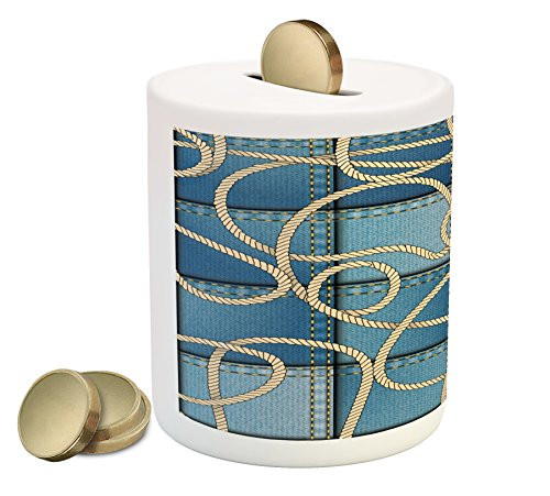 Ambesonne Nautical Piggy Bank, Various Patches of Denim in Sea with Sailor Knot on Foreground Image Art Print, Ceramic Coin Bank Money Box for Cash Saving, 3.6" X 3.2", Blue