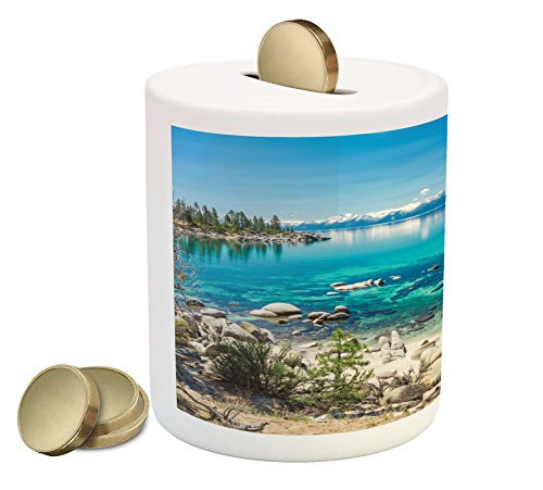 Lunarable Lake Tahoe Piggy Bank, Turquoise Waters of Lake Tahoe Paradise Beach Coastal Beauty Peaceful Landscape, Printed Ceramic Coin Bank Money Box for Cash Saving, Sky Blue
