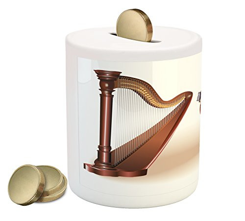Lunarable Music Piggy Bank, String Plucked Instruments Classical Harp Latvian Kokle and Finnish Kantele, Printed Ceramic Coin Bank Money Box for Cash Saving, Pale Brown and Beige