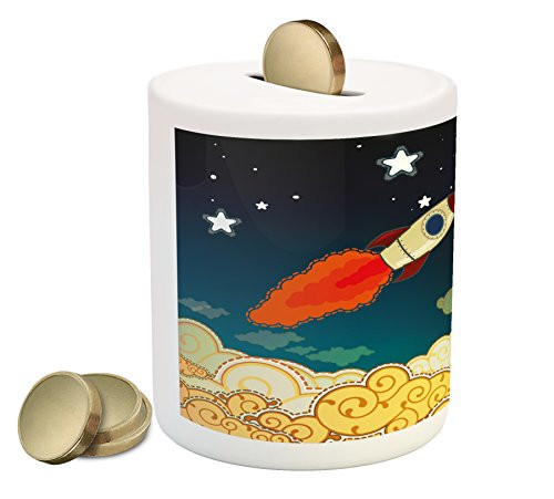 Lunarable Outer Space Piggy Bank, Paper Cartoon Space Ship Flying Over Paper Clouds into Paper Space, Printed Ceramic Coin Bank Money Box for Cash Saving, Night Blue Pale Yellow