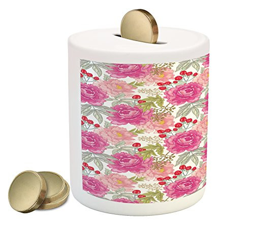 Lunarable Floral Piggy Bank, Garden Flower Botany with Peony Rose Grass Harvest Illustration, Printed Ceramic Coin Bank Money Box for Cash Saving, Magenta Pale Pink Reseda Green