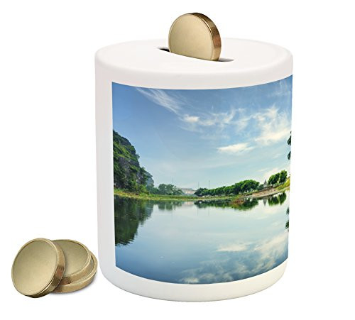 Lunarable Nature Piggy Bank, Majestic Natural Karst Towers Trees Reflected in Water of NGO Dong River Vietnam, Printed Ceramic Coin Bank Money Box for Cash Saving, Blue Green
