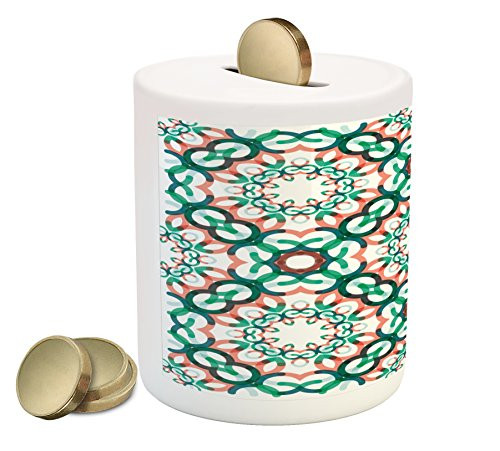 Lunarable Circle Piggy Bank, Round Shapes with Short Lines Geometrical Design Pattern Print, Printed Ceramic Coin Bank Money Box for Cash Saving, Forrest Green Coral Jade Green Lunarable Circle Piggy Bank, Round Shapes with Short Lines Geometrical Design Pattern Print, Printed Ceramic Coin Bank Money Box for Cash Saving, Forrest Green Coral Jade Green