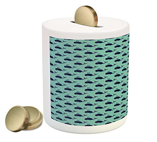 Lunarable Whale Piggy Bank, Whales on Ornate Curvy Waves in The Sea Nautical Characters Cartoon, Printed Ceramic Coin Bank Money Box for Cash Saving, Sea Green and Dark Blue Lunarable Whale Piggy Bank, Whales on Ornate Curvy Waves in The Sea Nautical Characters Cartoon, Printed Ceramic Coin Bank Money Box for Cash Saving, Sea Green and Dark Blue