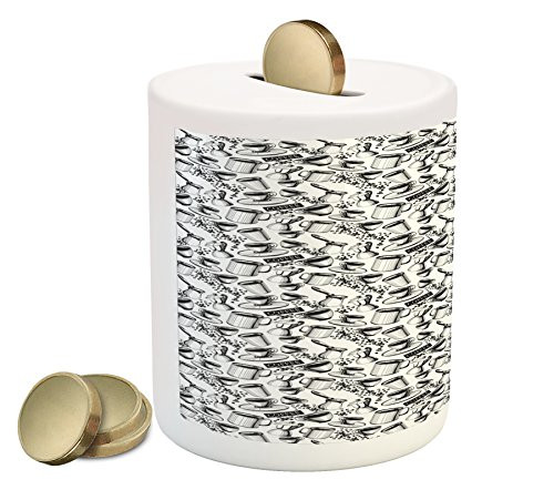 Lunarable Coffee Piggy Bank, Abstract Monochrome Coffee Sign with Cups Beans and Moka Pot Pattern Hand Drawn, Printed Ceramic Coin Bank Money Box for Cash Saving, Black White