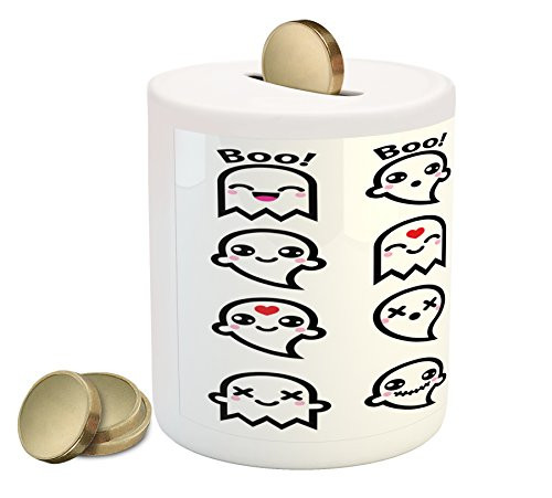 Lunarable Kawaii Piggy Bank, Ghosts Group with Halloween Theme Abstract Doodle Pattern, Printed Ceramic Coin Bank Money Box for Cash Saving, Black Red Pink