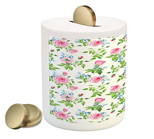 Lunarable Shabby Flora Piggy Bank, Forget Me Not Flowers with Pink Roses Tender and Delicate Spring Theme, Printed Ceramic Coin Bank Money Box for Cash Saving, Pink Green Blue