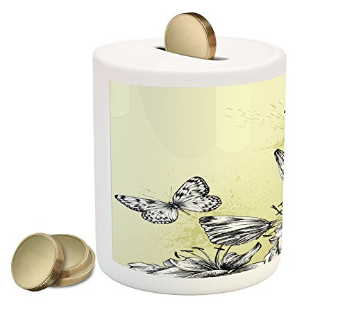 Lunarable Birds Piggy Bank, Vintage Bird Sketch and Blooming Flowers Spring Season Nature Scenery, Printed Ceramic Coin Bank Money Box for Cash Saving, Pale Green Caramel White Lunarable Birds Piggy Bank, Vintage Bird Sketch and Blooming Flowers Spring Season Nature Scenery, Printed Ceramic Coin Bank Money Box for Cash Saving, Pale Green Caramel White