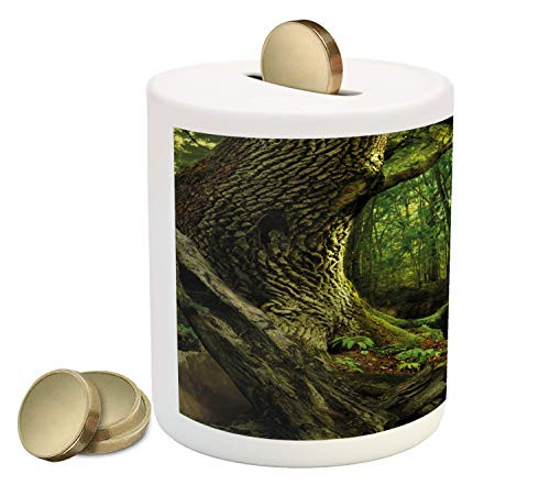 Lunarable Nature Piggy Bank, Mystic Woodland Fantasy with Moss Trees Rocks Growth Landscape, Printed Ceramic Coin Bank Money Box for Cash Saving, Forrest Green and Army Lunarable Nature Piggy Bank, Mystic Woodland Fantasy with Moss Trees Rocks Growth Landscape, Printed Ceramic Coin Bank Money Box for Cash Saving, Forrest Green and Army