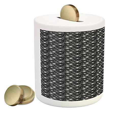 Lunarable Abstract Piggy Bank, Spiral Circles Forming Hightech Style Digital Futuristic Geometric Lines Graphic, Printed Ceramic Coin Bank Money Box for Cash Saving, Black White