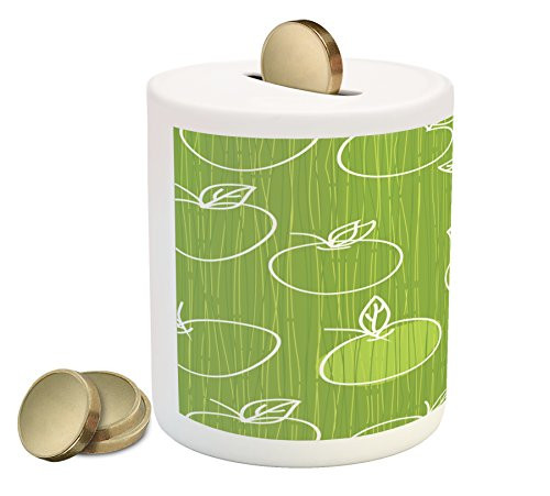 Lunarable Apple Green Piggy Bank, Hand Drawn Doodle Apple Silhouettes on a Vertical Striped Background, Printed Ceramic Coin Bank Money Box for Cash Saving, Apple Green and White Lunarable Apple Green Piggy Bank, Hand Drawn Doodle Apple Silhouettes on a Vertical Striped Background, Printed Ceramic Coin Bank Money Box for Cash Saving, Apple Green and White