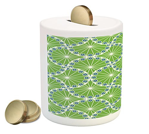 Lunarable Apple Green Piggy Bank, Abstract Curved Lines with Flowers Composition of Nature Growth, Printed Ceramic Coin Bank Money Box for Cash Saving, Apple Green Blue White