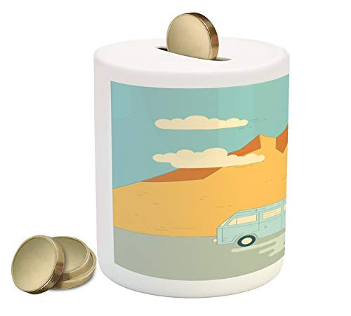 Lunarable Camp Friends Piggy Bank, Road Trip Theme with Mountain Landscape and Clouds Cartoon, Printed Ceramic Coin Bank Money Box for Cash Saving, Pale Blue Pale Brown and Beige