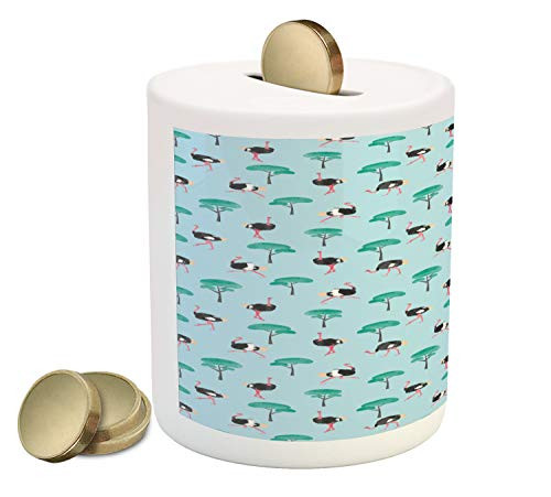 Ambesonne Ostrich Piggy Bank, Repetitive Pattern of Watercolor Style Trees and Long Legged Animal, Printed Ceramic Coin Bank Money Box for Cash Saving, Pale Blue and Multicolor