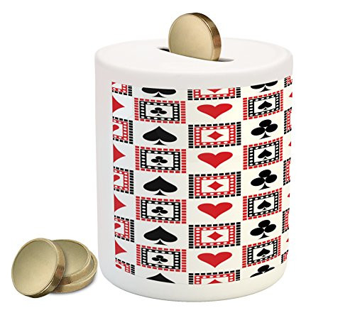 Ambesonne Casino Piggy Bank, Playings Cards Clubs Hearts Symmetrical Geometric Repeating Ornamental, Printed Ceramic Coin Bank Money Box for Cash Saving, Scarlet Black