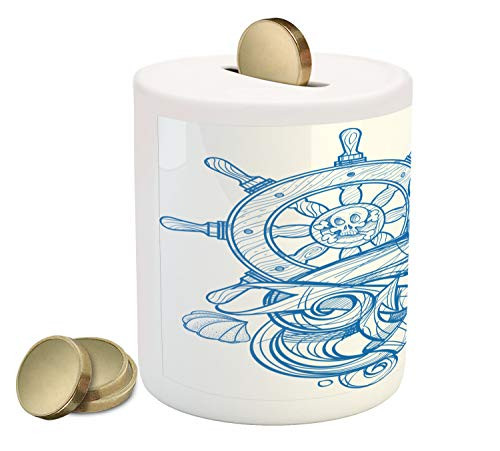 Ambesonne Vintage Nautical Tattoo Piggy Bank, Pirate Anchor Steering Wheel Crab Shell Waves Abstract Print, Printed Ceramic Coin Bank Money Box for Cash Saving, Azure Blue White