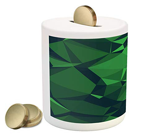 Ambesonne Celtic Green Piggy Bank, Polygonal Dark Tones Repeating Abstract Motif, Printed Ceramic Coin Bank Money Box for Cash Saving, Fern Green Dark Pine Green and Hunter Green