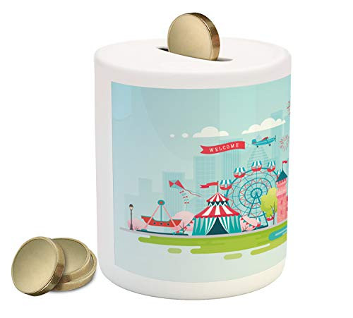 Ambesonne Ferris Wheel Piggy Bank, Childish Amusement Park Cartoon with Castle Circus Tent Balloon Ride, Printed Ceramic Coin Bank Money Box for Cash Saving, Pale Blue Multicolor Ambesonne Ferris Wheel Piggy Bank, Childish Amusement Park Cartoon with Castle Circus Tent Balloon Ride, Printed Ceramic Coin Bank Money Box for Cash Saving, Pale Blue Multicolor