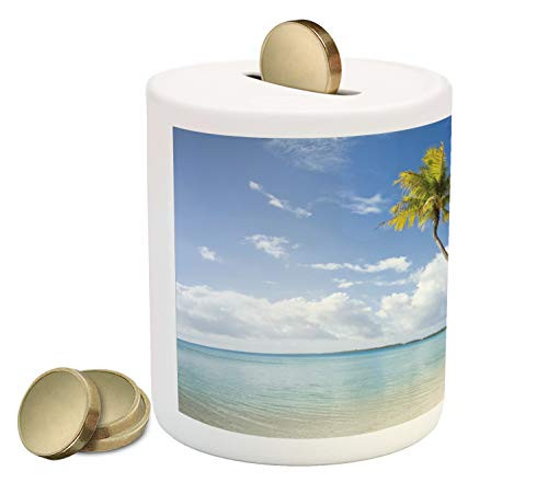 Ambesonne Fiji Piggy Bank, Tropical Scene of Long Palm Leaves and The Beach, Printed Ceramic Coin Bank Money Box for Cash Saving, Violet Blue Eggshell Olive Green Pale Blue Grey Ambesonne Fiji Piggy Bank, Tropical Scene of Long Palm Leaves and The Beach, Printed Ceramic Coin Bank Money Box for Cash Saving, Violet Blue Eggshell Olive Green Pale Blue Grey