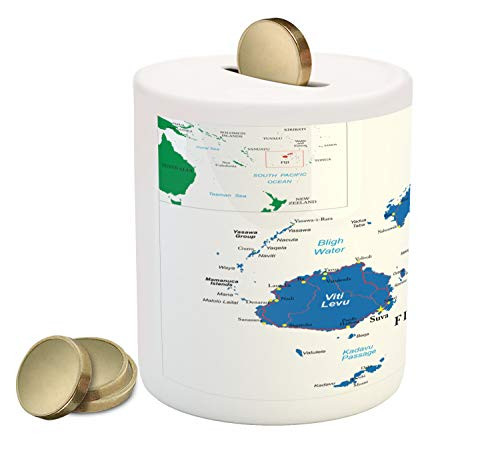 Ambesonne Fiji Piggy Bank, Mapping with Names Written Geographical Layout, Printed Ceramic Coin Bank Money Box for Cash Saving, Sea Blue Jade Green Pale Sky Blue and Dark Grey Ambesonne Fiji Piggy Bank, Mapping with Names Written Geographical Layout, Printed Ceramic Coin Bank Money Box for Cash Saving, Sea Blue Jade Green Pale Sky Blue and Dark Grey