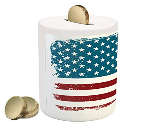 Ambesonne Vintage Stripe Piggy Bank, Grungy American Flag with Lines and Stars Old Glory, Printed Ceramic Coin Bank Money Box for Cash Saving, Burgundy Petrol Blue White