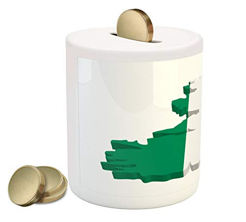 Ambesonne Ireland Map Piggy Bank, Computer Graphical Country Mapping Logo Shape Symbolic Colors, Ceramic Coin Bank Money Box for Cash Saving, 3.6" X 3.2", Green Marigold and White