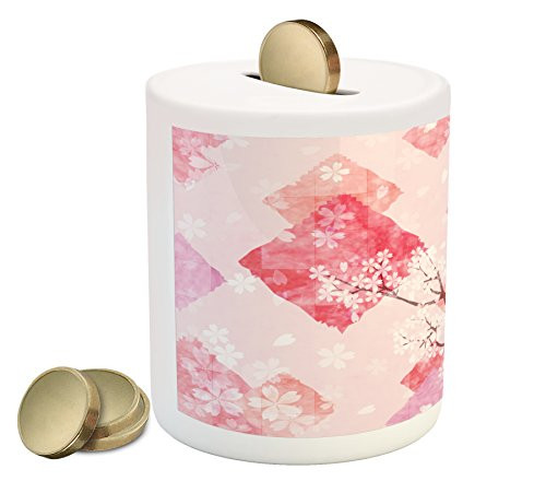 Ambesonne Flower Piggy Bank, Monkey Family on Tree Branches with Minimalist Background Illustration, Printed Ceramic Coin Bank Money Box for Cash Saving, Pink Red Pale Coffee