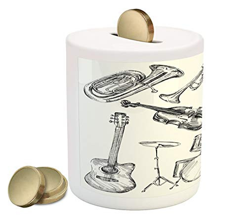 Ambesonne Jazz Music Piggy Bank, Illustration of Musical Instruments Sketch Style Art with Trumpet Piano Guitar, Printed Ceramic Coin Bank Money Box for Cash Saving, Beige Black