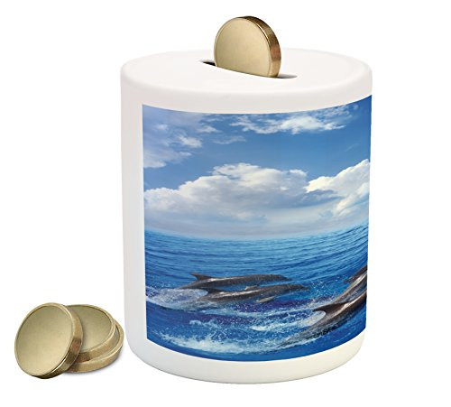 Ambesonne Sea Animals Piggy Bank, Dolphins Jumping in Clear Sea and Fluffy Clouds in Sky Marine Life Photograph, Printed Ceramic Coin Bank Money Box for Cash Saving, Blue White