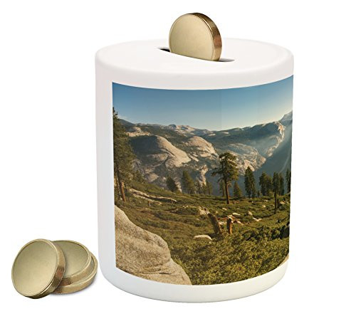 Ambesonne Yosemite Piggy Bank, Yosemite Valley and Half Dome in Foggy Morning During Romantic Sunrise Scenery, Printed Ceramic Coin Bank Money Box for Cash Saving, Green Beige