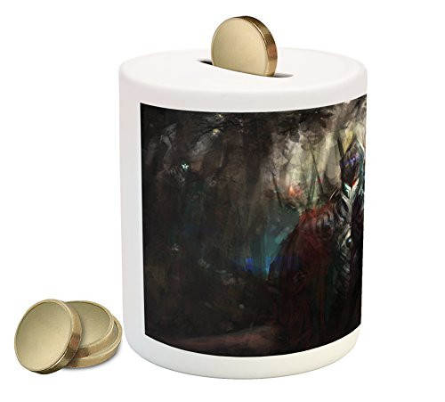 Ambesonne Fantasy World Piggy Bank, Cybernetics Deep in Forest Futuristic Artificial Evil Fighters Theme, Printed Ceramic Coin Bank Money Box for Cash Saving, Blue Red