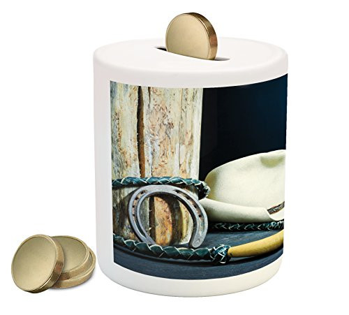 Ambesonne Western Piggy Bank, Equestrian Backdrop with Antique Horseshoe Hat Cowboy Texas Photography, Printed Ceramic Coin Bank Money Box for Cash Saving, Blue Brown and Beige